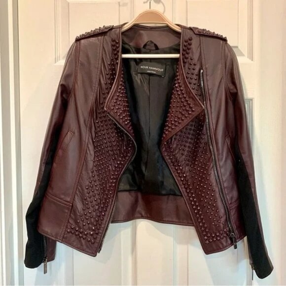 Nour Hammour Oxblood Red Erin Studded Real Leather Fitted Motorcycle Jacket - Picture 6 of 16
